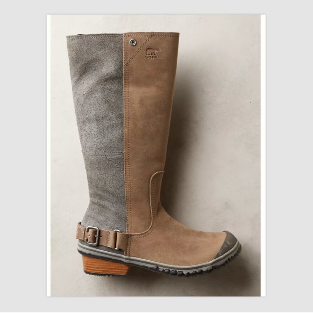 Sorel Slimboot Waterproof Suede Leather Boots Size 7 Brown Gray Tall All Weather